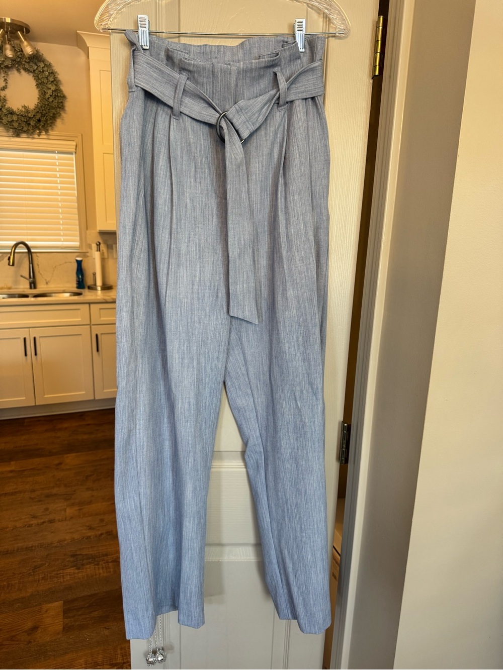 Nine West Light Blue Paperbag Waist Tie-Belt Wide Leg Pants
